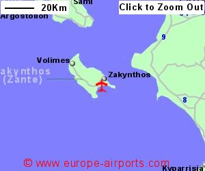 Detailed map showing location of Zakynthos (Zante) airport, Greece