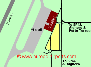 Map of Alghero airport showing access roads and location of car parks