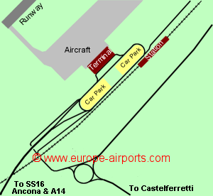 Map of Ancona airport showing access roads and location of car parks