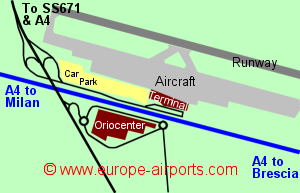 Map of Bergamo airport showing access roads and location of car parks