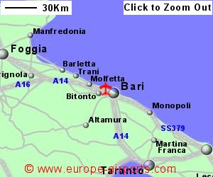 Detailed map showing location of Bari airport, Italy