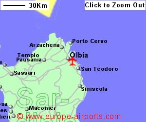 Detailed map showing location of Olbia airport, Italy