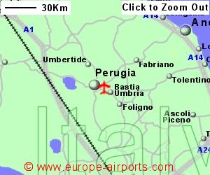 Detailed map showing location of Perugia airport, Italy