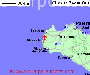 Detailed map showing location of Trapani-Birgi airport, Italy