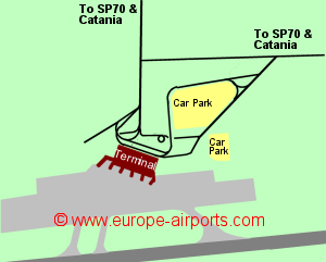 Map of Catania-Fontanarossa airport showing access roads and location of car parks