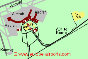 Map of Rome Fiumicino airport showing access roads and location of car parks