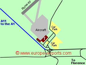 Map of Florence airport showing access roads and location of car parks