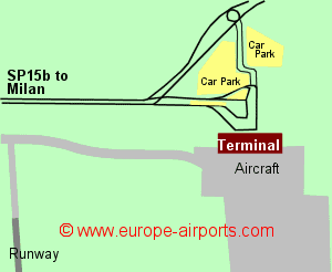 Map of Milan airport showing access roads and location of car parks