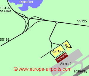 Map of Olbia airport showing access roads and location of car parks