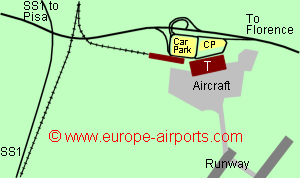 Map of Pisa airport showing access roads and location of car parks