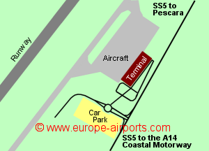 Map of Abruzzo International airport showing access roads and location of car parks