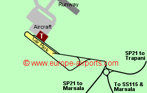 Map of Trapani-Birgi airport showing access roads and location of car parks