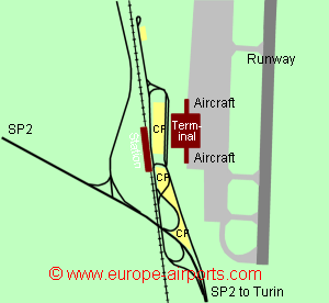 Map of Turin airport showing access roads and location of car parks