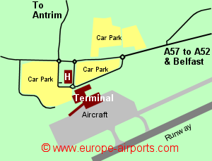 Map of Belfast International airport showing access roads and location of car parks