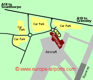 Map of Humberside airport showing access roads and location of car parks