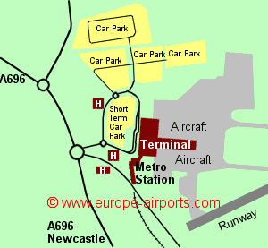 Map of Newcastle airport showing access roads and location of car parks