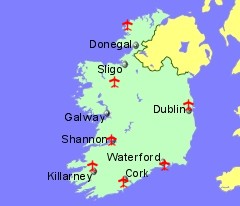 Map of Ireland showing location of airports